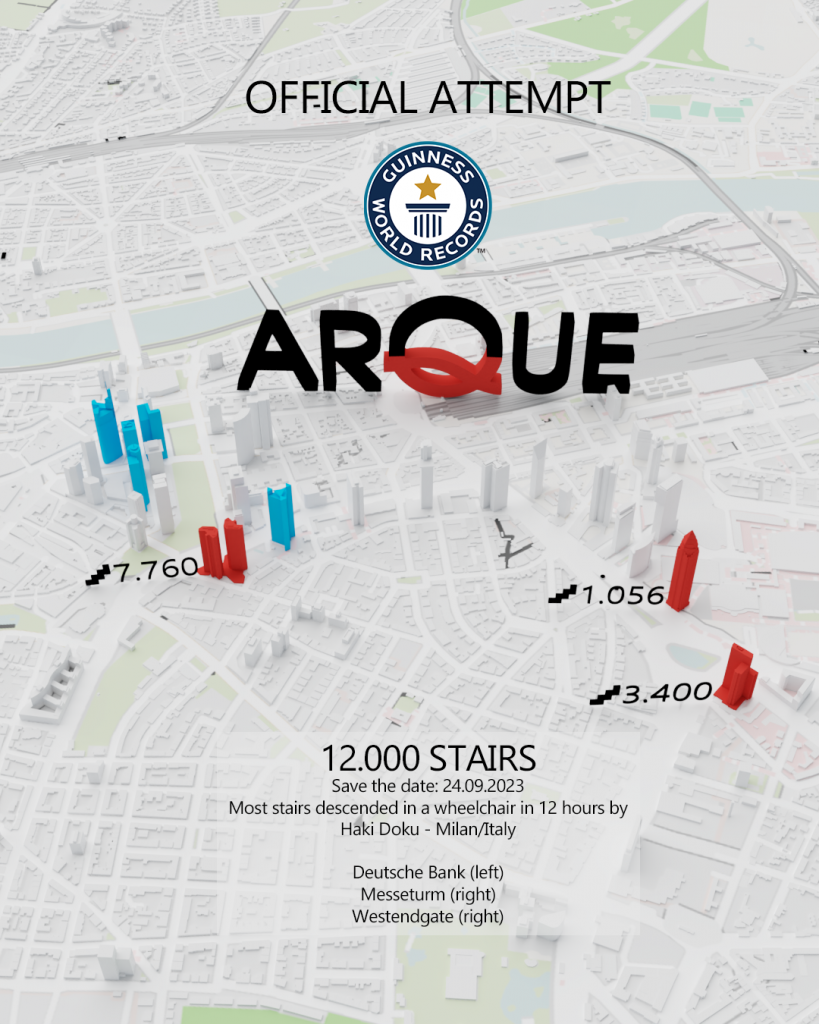 Eine Übersicht von Frankfurt als 3-D-Grafik von schräg oben, hervorgehoben sind die Hochhäuser, farbig markiert die Hochhäuser des Weltrekordversuchs.