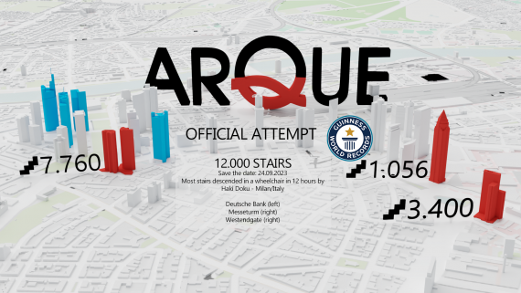 Eine Übersicht von Frankfurt als 3-D-Grafik von schräg oben, hervorgehoben sind die Hochhäuser, farbig markiert die Hochhäuser des Weltrekordversuchs.