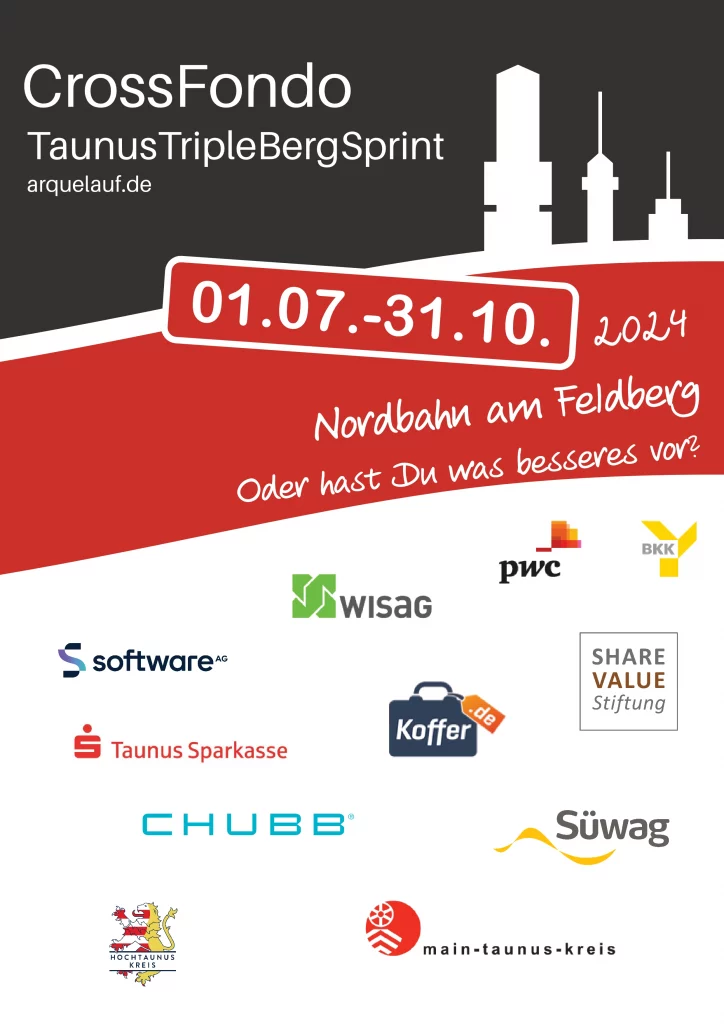 Logo CrossFondo TaunusTripleBergSprint ein roter Bogen und Feld unten, darüber ein graues Feld und in weiß die drei Türme auf dem Feldberg. Darunter die Logos der Sponsoren beim TTBS.